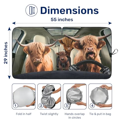GENANY Highland Cow Family Funny Windshield Sun Shade for Car SUV Truck (55x29 Inches), Automobile Sunshade, Protector Blocks UV, Car Accessories, Auto Decor - Image 2