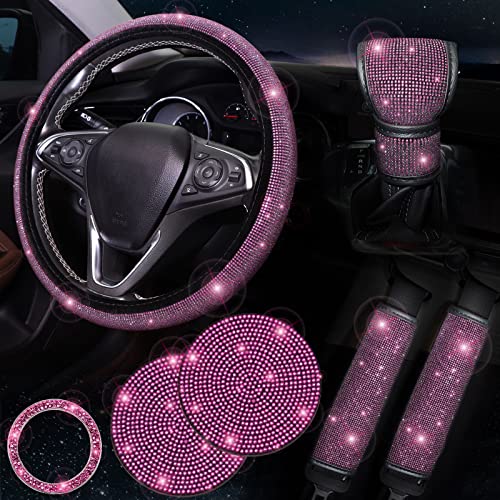 ToBeQueen Bling Pink Steering Wheel Cover Set Bling Car Accessories Set,Steering Wheel Cover Fit 15Inch, Sparkling Shoulder Pad, Rhinestone Gear Shift Cover and Cup Holder, 7 Pack, Pink - Image 1