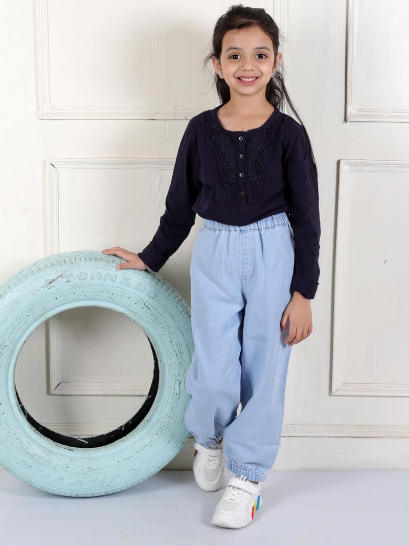 superminis Girls Denim Jeans | Stretchable Blue Cat Print Jeans for Girls 3–10 Years | Soft Comfortable Kids Denim Pants for Casual (8-9 Years, Sky Blue) - Image 3