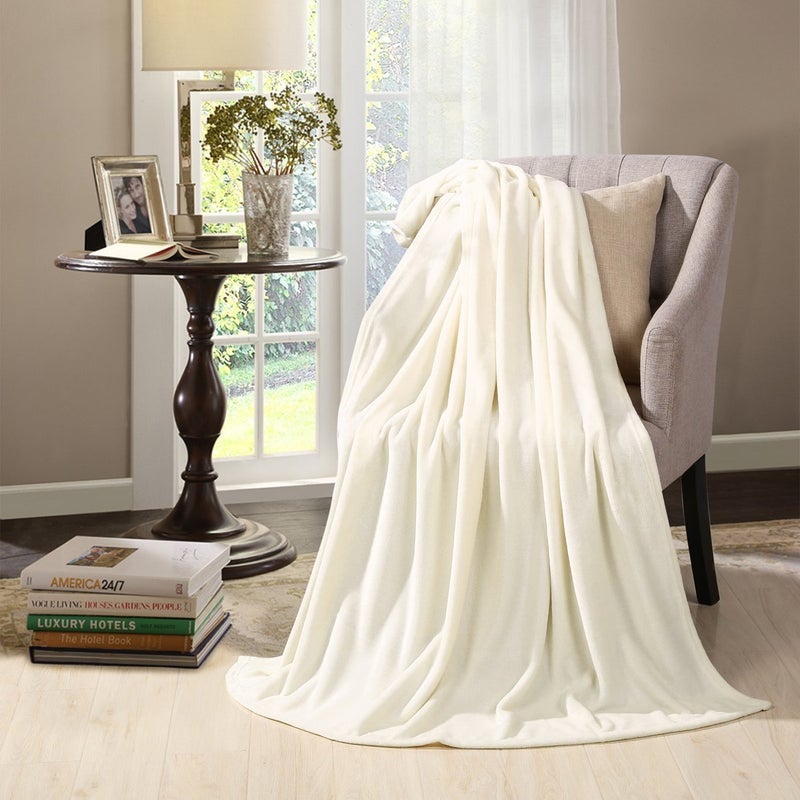 HYSEAS Flannel Fleece Throw Blanket Ivory - Super Soft Plush Microfiber Solid Blanket for Couch  Bed  Chair  Sofa - Fuzzy Cozy Lightweight - 50x60 Inch - Image 2