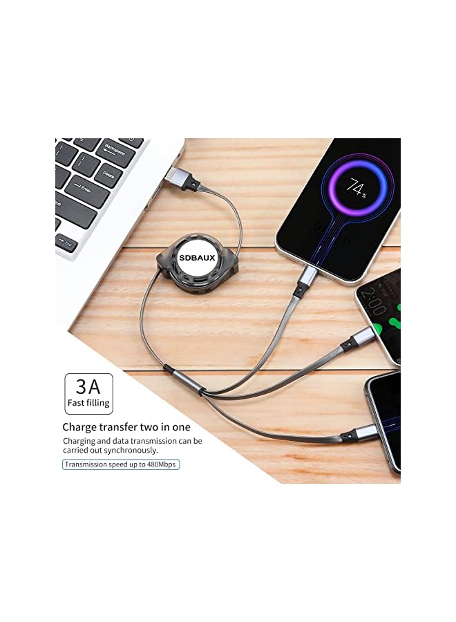 SDBAUX كابل شاحن USB متعدد قابل للسحب 3 في 1 محول سلك شحن متعدد مع موصلات منفذ Micro USB من النوع C للهاتف متوافق مع الهواتف المحمولة والأجهزة اللوحية للاستخدام العالمي (عبوتان بطول 3.3 قدم) - Image 2