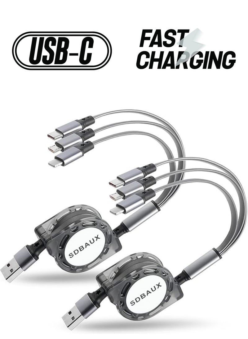 SDBAUX كابل شاحن USB متعدد قابل للسحب 3 في 1 محول سلك شحن متعدد مع موصلات منفذ Micro USB من النوع C للهاتف متوافق مع الهواتف المحمولة والأجهزة اللوحية للاستخدام العالمي (عبوتان بطول 3.3 قدم) - Image 1
