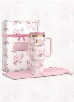 Love Shack Fancy H2.0 Flow State 40oz  Cortex Tumbler, Stainless Steel Vacuum Insulated Quencher with Lid, Straw, and Stopper, Ideal for Water and Iced Tea, Keeps Drinks Cold, Presented in Elegant Gift-Ready Packaging PINK
