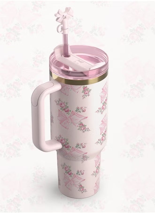 Stanley - Love Shack Fancy H2.0 Flow State 40oz  Cortex Tumbler, Stainless Steel Vacuum Insulated Quencher with Lid, Straw, and Stopper, Ideal for Water and Iced Tea, Keeps Drinks Cold, Presented in Elegant Gift-Ready Packaging PINK - Image 1