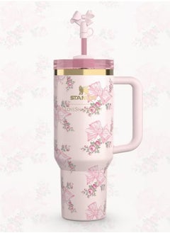 Stanley Love Shack Fancy H2.0 Flow State 40oz  Cortex Tumbler, Stainless Steel Vacuum Insulated Quencher with Lid, Straw, and Stopper, Ideal for Water and Iced Tea, Keeps Drinks Cold, Presented in Elegant Gift-Ready Packaging PINK  - Image 2