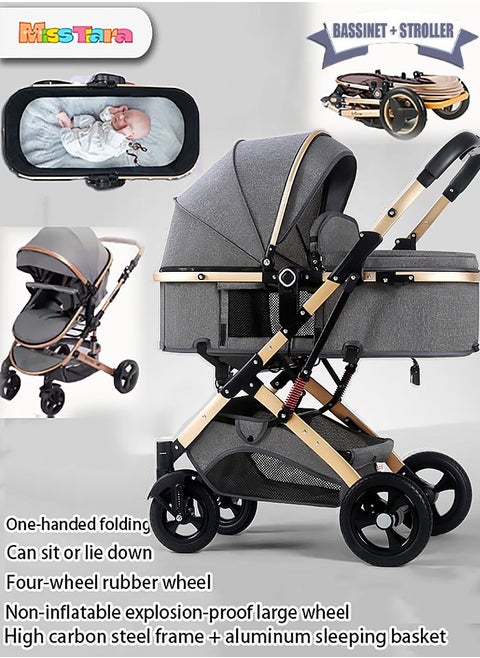 Baby stroller with High view  Double push rod  Can sit and lie down Lightweight Foldable Four-wheel rubber Strong shock absorption Large Space Durable Suitable for Baby 0-3 years old Travel strollers