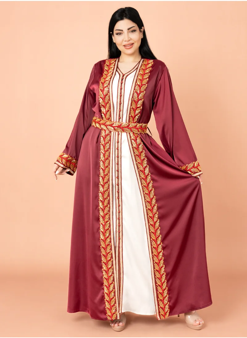 IKKXA Belted Elegant 2-Piece Kaftan IK2008 Maroon