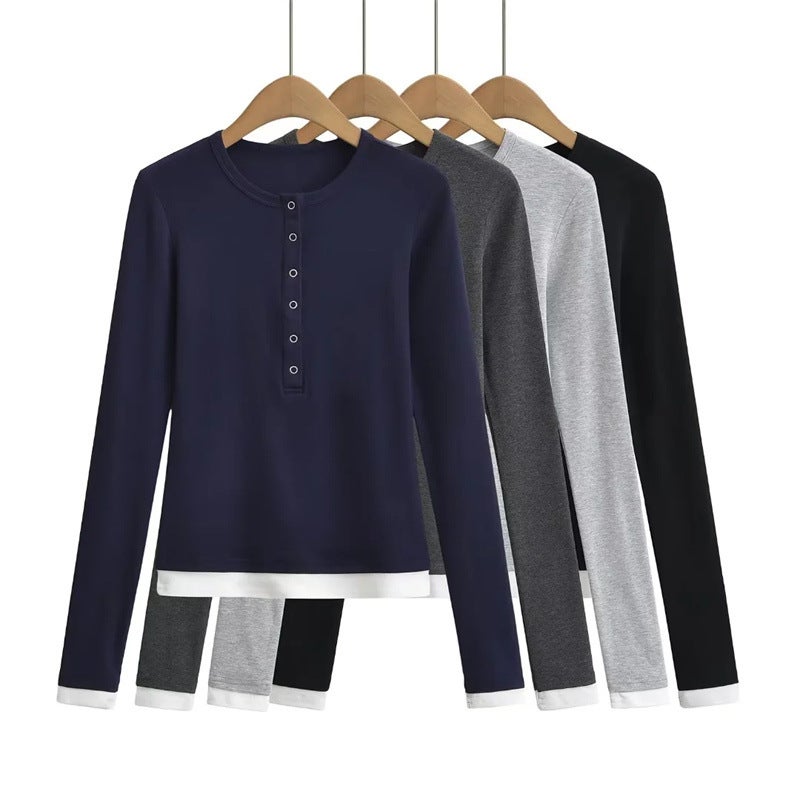 American Spice Girl Five-Claw Fake Two-Piece Long-Sleeved T-Shirt Autumn New Simple Basic Elastic Slim-Fit Base Shirt - Image 2