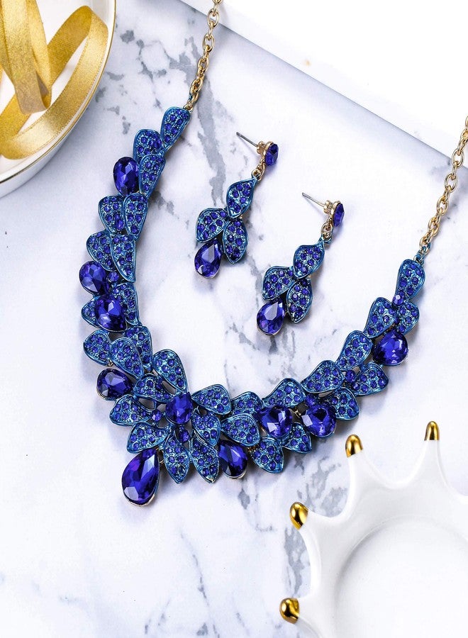 بريلوف طقم مجوهرات زفاف نسائي من بريلوف، مرصع بأحجار الراين والخرز، بتصميم دمعة مرصعة بالكريستال، يتضمن قلادة وأقراط متدلية، باللون الأزرق والذهبي. - Image 3
