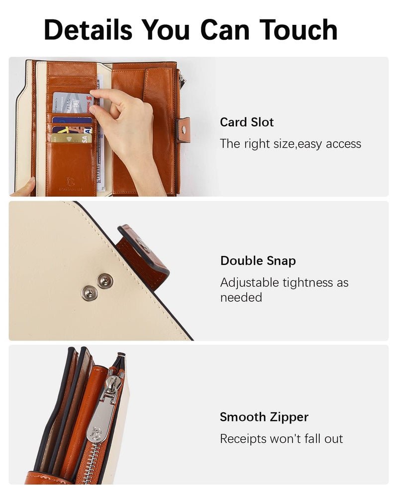 BOSTANTEN Womens Wallet Genuine Leather Wallets Large Capacity Cash Cluth Purses with Zipper Pocket Beige-Brown - Image 5