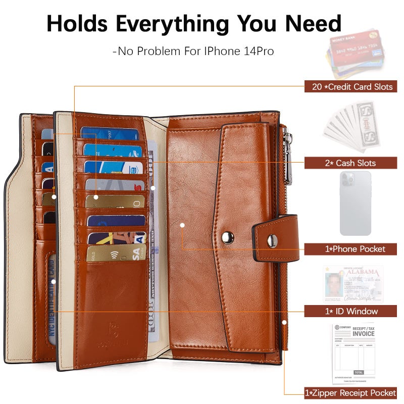 BOSTANTEN Womens Wallet Genuine Leather Wallets Large Capacity Cash Cluth Purses with Zipper Pocket Beige-Brown - Image 2