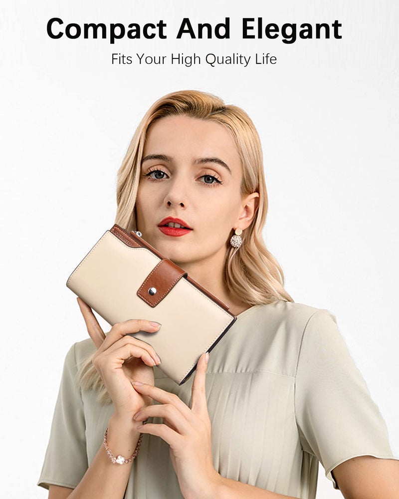 BOSTANTEN Womens Wallet Genuine Leather Wallets Large Capacity Cash Cluth Purses with Zipper Pocket Beige-Brown - Image 4