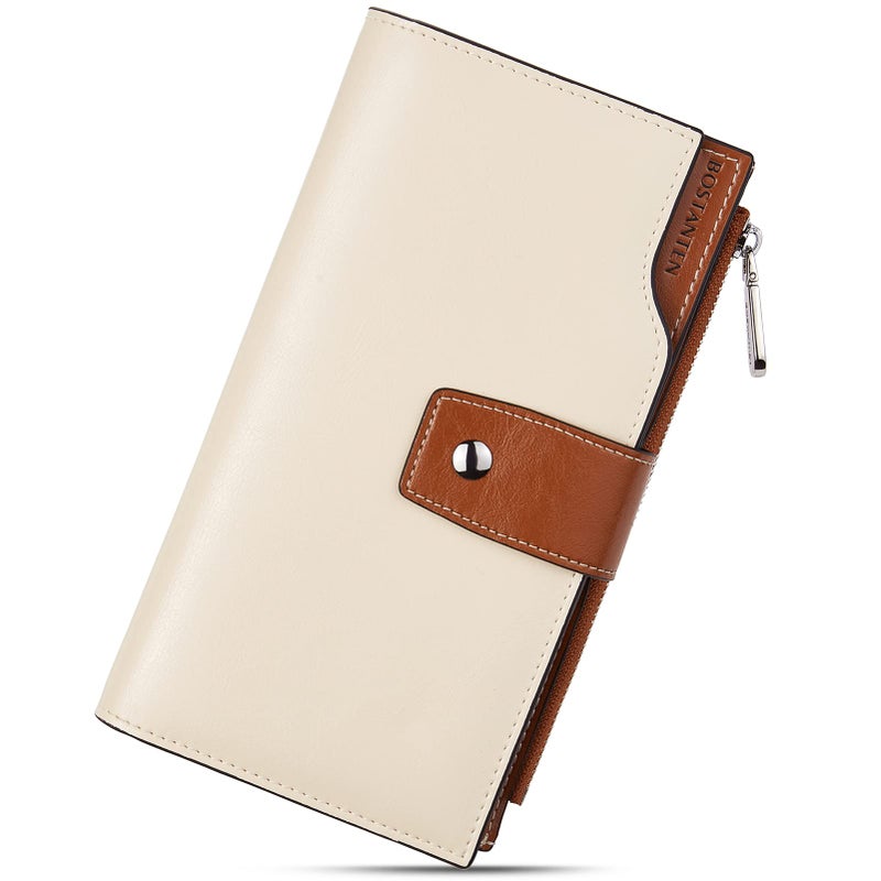 BOSTANTEN Womens Wallet Genuine Leather Wallets Large Capacity Cash Cluth Purses with Zipper Pocket Beige-Brown - Image 1