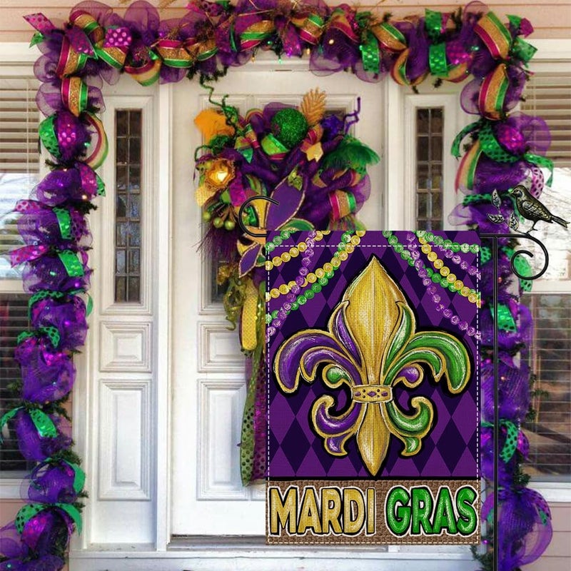 GEEORY Mardi Gras Fleur de Lis Garden Flag 12 x 18 Inch, Beads New Orleans Carnival Celebration Double Sided Decorative Flag For Outside Yard Lawn Outdoor Decoration GB013-12 - Image 2