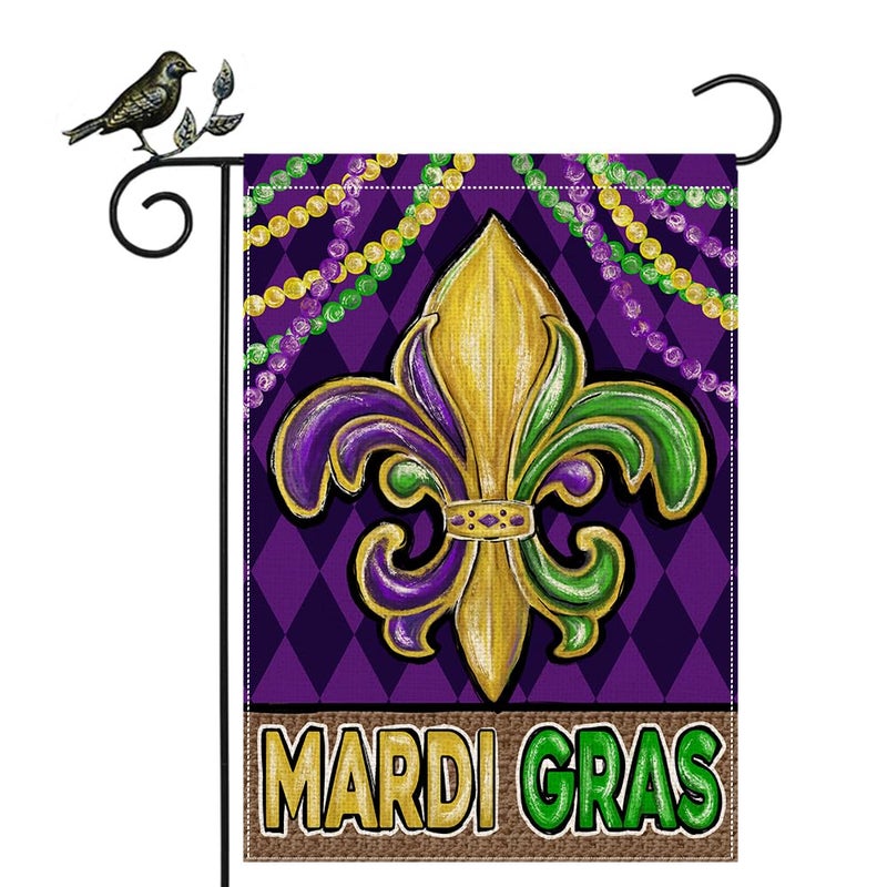 GEEORY Mardi Gras Fleur de Lis Garden Flag 12 x 18 Inch, Beads New Orleans Carnival Celebration Double Sided Decorative Flag For Outside Yard Lawn Outdoor Decoration GB013-12 - Image 1