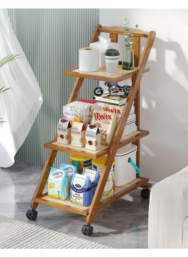 LINGWEI Foldable Bamboo Serving Trolley | Multi-Tier Rolling Cart with Wheels | 3 Tier Utility Cart for Tea, Dining, and Storage | Perfect for Home, Cafe, and Hospitality Use - Image 1