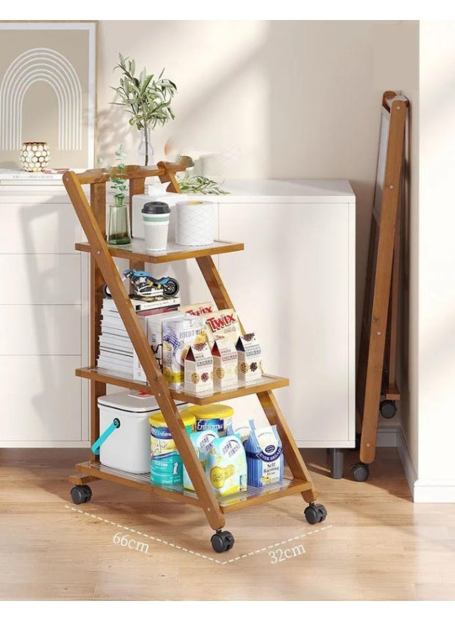 LINGWEI Foldable Bamboo Serving Trolley | Multi-Tier Rolling Cart with Wheels | 3 Tier Utility Cart for Tea, Dining, and Storage | Perfect for Home, Cafe, and Hospitality Use - Image 3