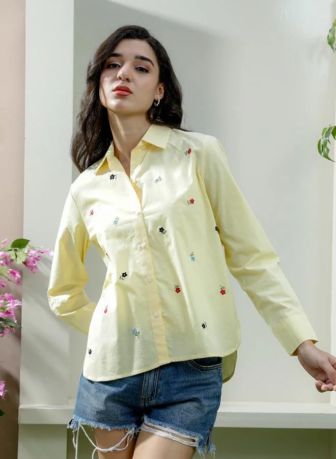 Athena Yellow Floral Embroidered Long Sleeve Shirt