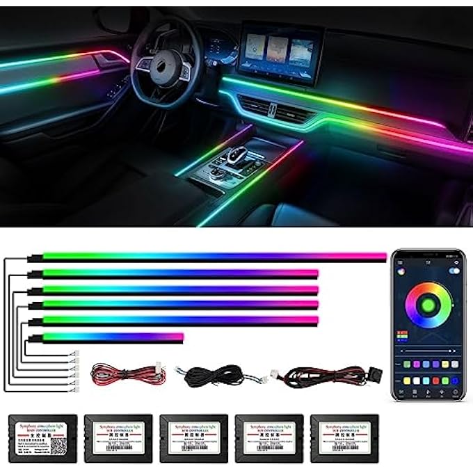 ريحني أضواء سيارة داخلية من الأكريليك من دريم كولور، ملحقات سيارة، شريط إضاءة ليد 6 في 1 مع تحكم عبر التطبيق و213 وضعًا، 175 بوصة، 593 مصباح ليد، أضواء ألياف بصرية، إضاءة نيون RGB للسيارة - Image 1