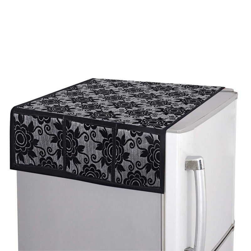 Kuber Industries Kuber Industries Floral Design Cotton Fridge Top Cover Black 37x21 Standard CTKTC013848 Rexene Fridge Handle Cover Set Grey 2 Pieces  - Image 2