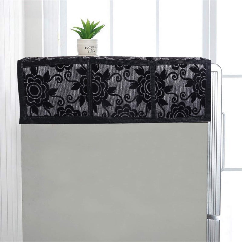 Kuber Industries Kuber Industries Floral Design Cotton Fridge Top Cover Black 37x21 Standard CTKTC013848 Rexene Fridge Handle Cover Set Grey 2 Pieces  - Image 3