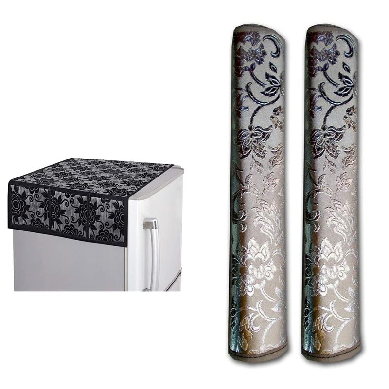 Kuber Industries Kuber Industries Floral Design Cotton Fridge Top Cover Black 37x21 Standard CTKTC013848 Rexene Fridge Handle Cover Set Grey 2 Pieces  - Image 1
