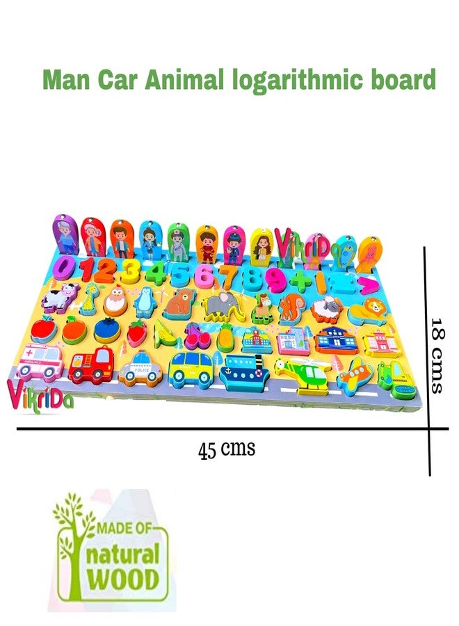Vikrida Montessori 6 in 1 Kids Wooden Puzzle Sorting Learning Board Toys, Numbers, Fruits, Animals, Buildings, and People Toy for Toddlers - Image 2