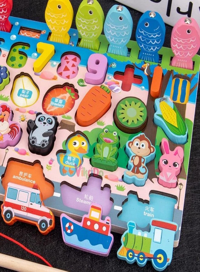Vikrida Montessori 6 in 1 Kids Wooden Puzzle Sorting Learning Board Toys, Numbers, Fruits, Animals, Buildings, and People Toy for Toddlers - Image 4