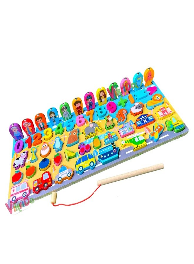 Vikrida Montessori 6 in 1 Kids Wooden Puzzle Sorting Learning Board Toys, Numbers, Fruits, Animals, Buildings, and People Toy for Toddlers - Image 1
