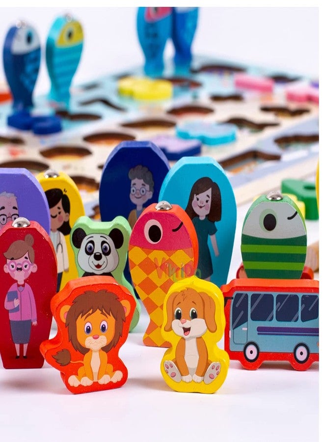 Vikrida Montessori 6 in 1 Kids Wooden Puzzle Sorting Learning Board Toys, Numbers, Fruits, Animals, Buildings, and People Toy for Toddlers - Image 3
