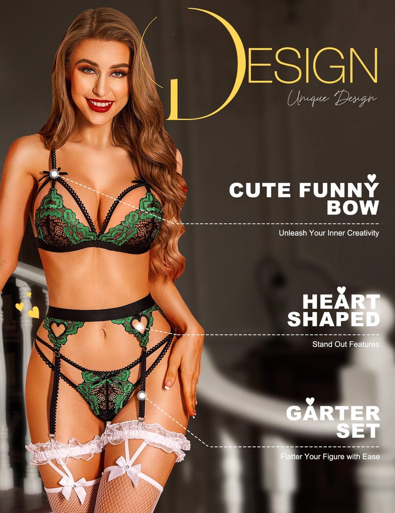 RSLOVE Women Lingerie Set with Garter Belt Lace Lace Teddy Babydoll Strappy Bra and Panty Set (No Stockings) Black&Green M - Image 2