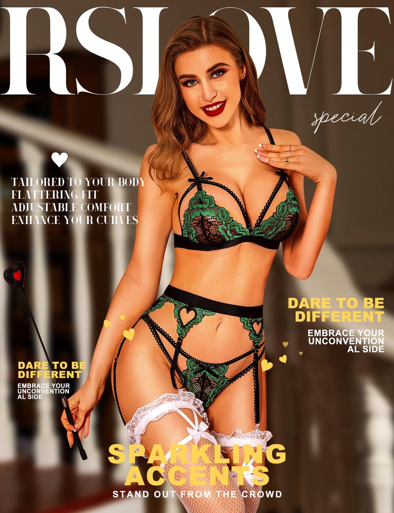 RSLOVE Women Lingerie Set with Garter Belt Lace Lace Teddy Babydoll Strappy Bra and Panty Set (No Stockings) Black&Green M - Image 5