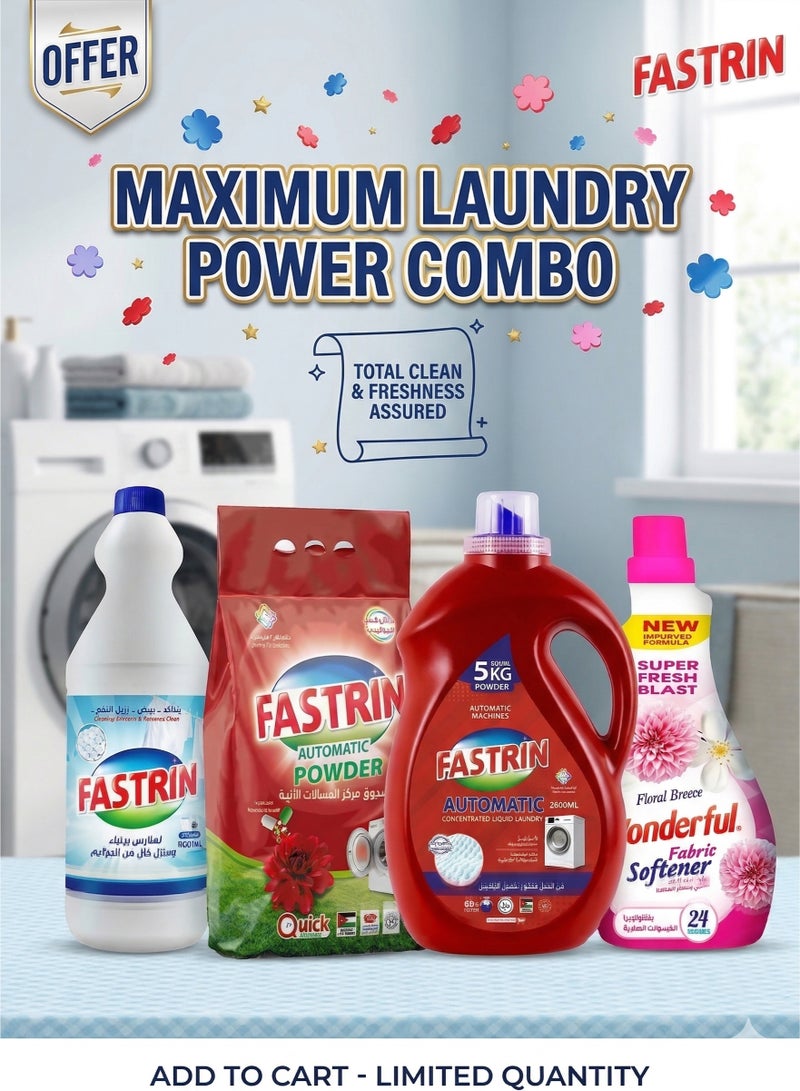Fastrin Complete Laundry Solution Pack | Detergent Powder 1.5KG Red Rose + Power Gel 2.85L + Fabric Softener 800ML  + Stain Remover 900ML | Full Laundry Care Bundle UAE - Image 1