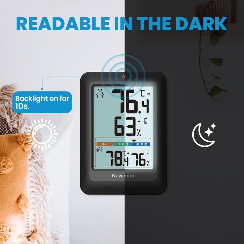 Newentor Indoor Outdoor Thermometer Wireless, Remote Temperature Monitor Hygrometer, Outside Inside Thermometers with Comfort Indicator, 4 Inch Screen Humidity Gauge, 328ft Range for Home Patio, Black - Image 5