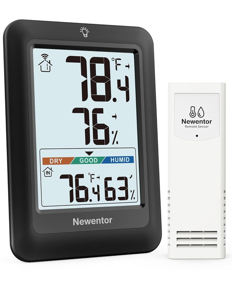 Newentor Indoor Outdoor Thermometer Wireless, Remote Temperature Monitor Hygrometer, Outside Inside Thermometers with Comfort Indicator, 4 Inch Screen Humidity Gauge, 328ft Range for Home Patio, Black - Image 1