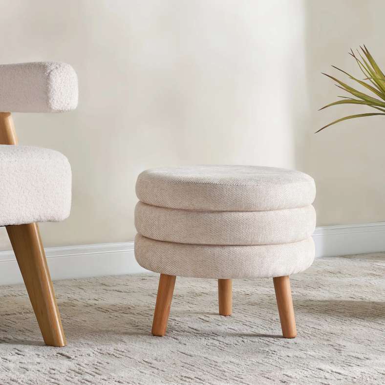 Pan Home Greta Round Pouf With Wooden Legs - Cream - Image 1
