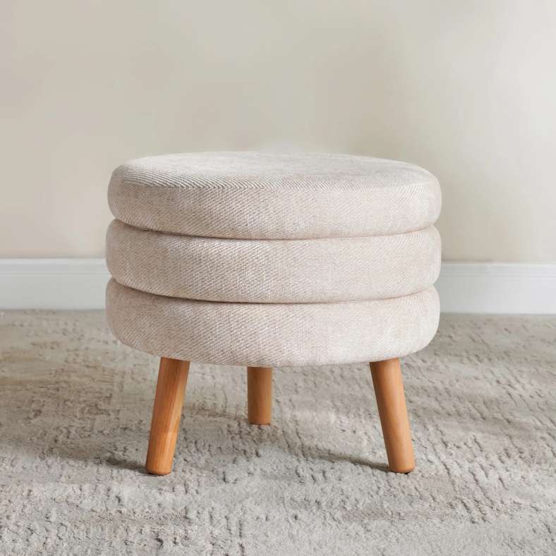 Pan Home Greta Round Pouf With Wooden Legs - Cream - Image 4