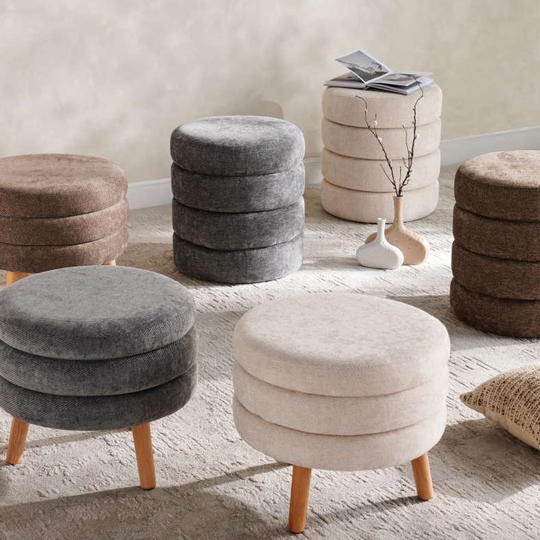 Pan Home Greta Round Pouf With Wooden Legs - Cream - Image 3
