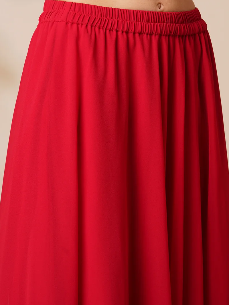 جلو باص Women Red Bandhani Printed One Shoulder Tunic & Georgette Skirt