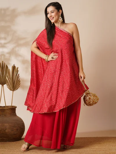 جلو باص Women Red Bandhani Printed One Shoulder Tunic & Georgette Skirt