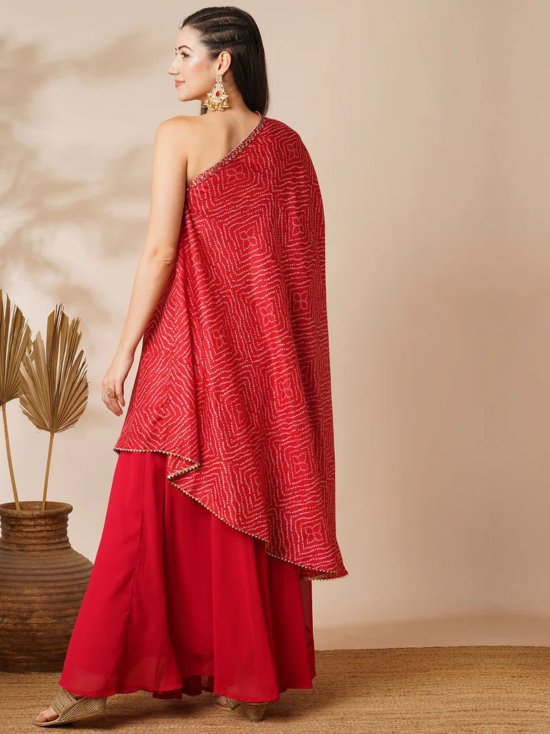 جلو باص Women Red Bandhani Printed One Shoulder Tunic & Georgette Skirt