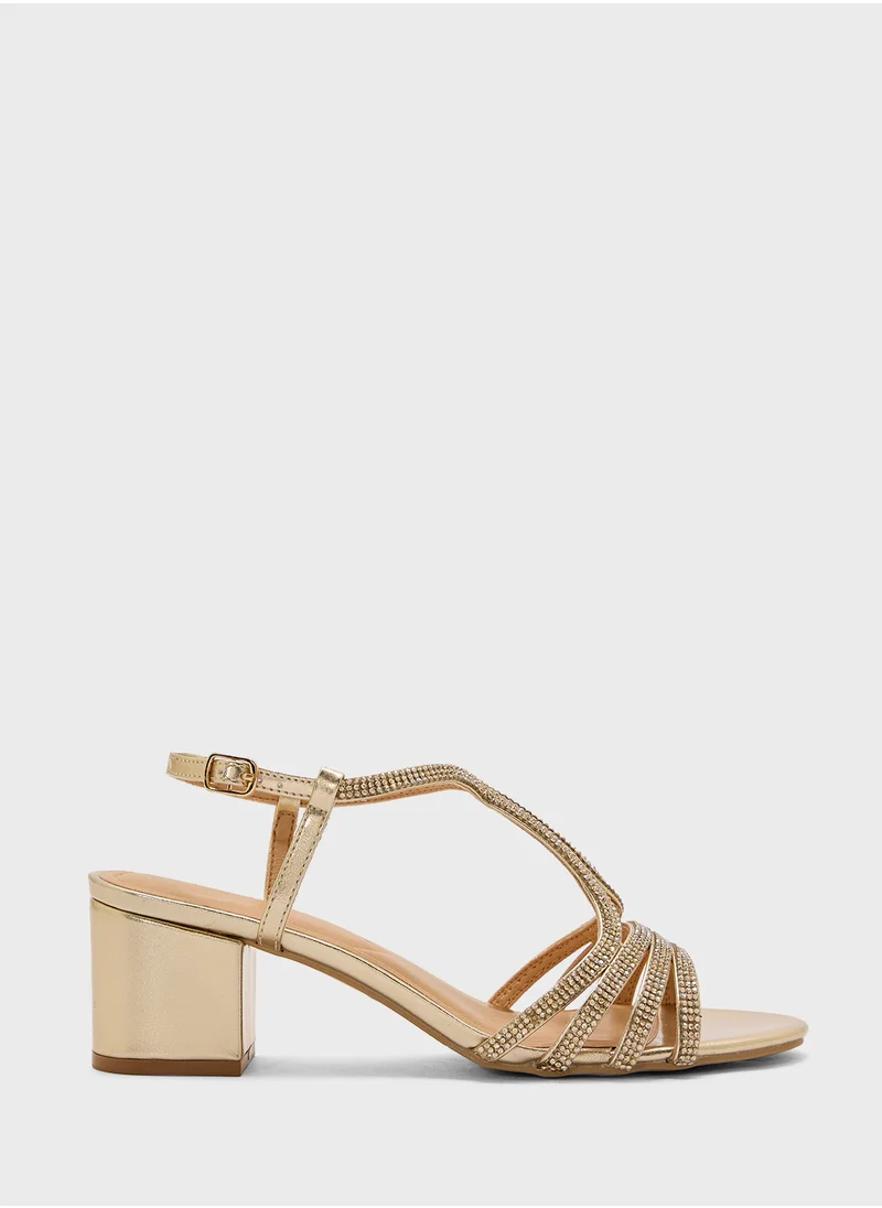 Truffle Diamante Embilleshed Block Heel Sandal