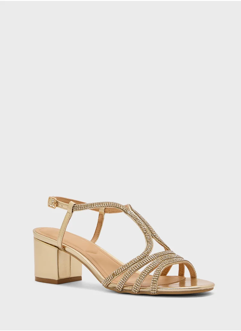 Truffle Diamante Embilleshed Block Heel Sandal