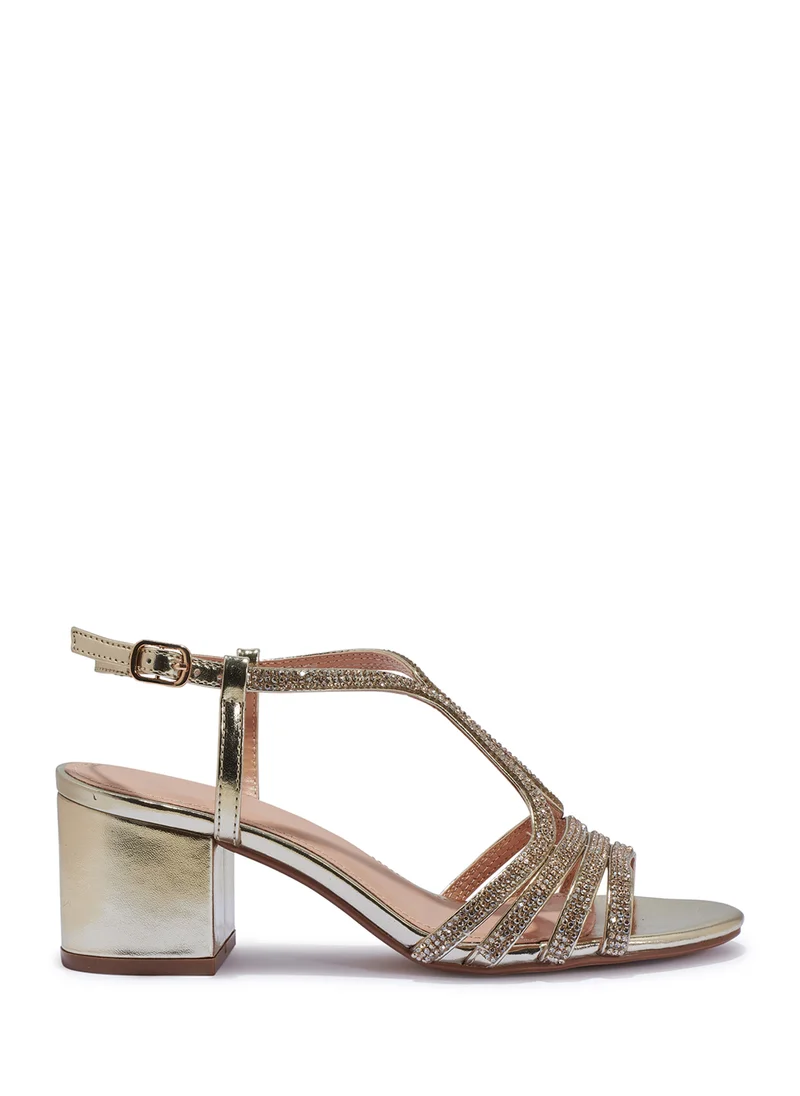 Truffle Diamante Embilleshed Block Heel Sandal