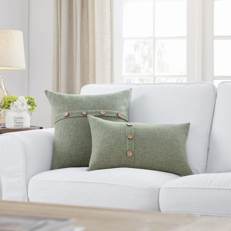 Meekio Set of 2 Dark Sage Square Pillow Covers 12 x 20 Farmhouse Boho Pillow Covers with Coconut Buttons for Sofa Couch Living Room Bedroom Farmhouse D?cor for The Home - Image 2