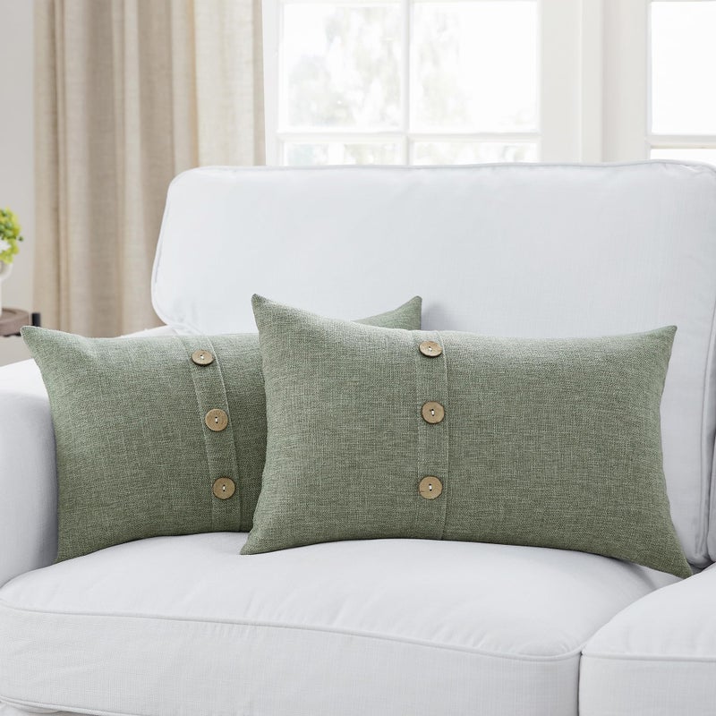 Meekio Set of 2 Dark Sage Square Pillow Covers 12 x 20 Farmhouse Boho Pillow Covers with Coconut Buttons for Sofa Couch Living Room Bedroom Farmhouse D?cor for The Home - Image 1