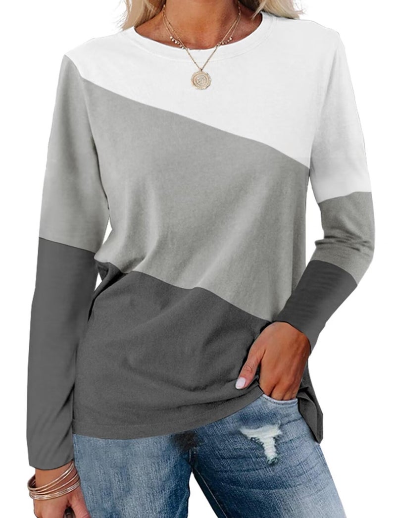 Minetom Women's Color Block Tops Casual Long Sleeve Tunic Round Neck Pullover Shirts - Image 1