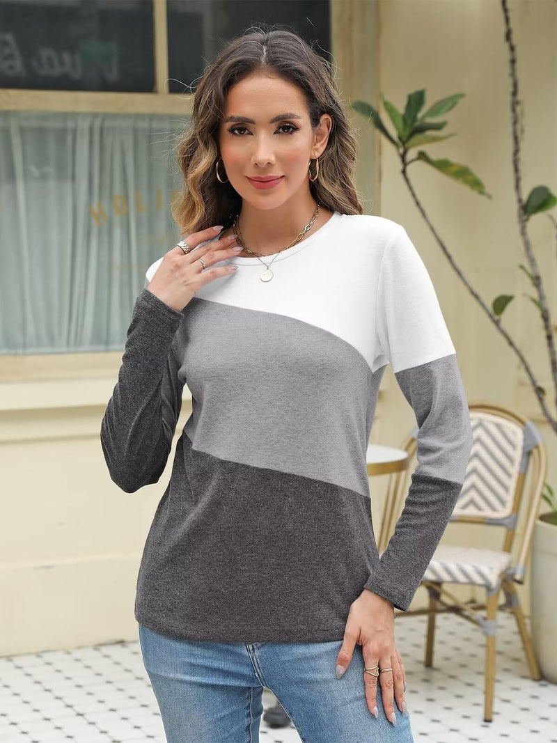 Minetom Women's Color Block Tops Casual Long Sleeve Tunic Round Neck Pullover Shirts - Image 3