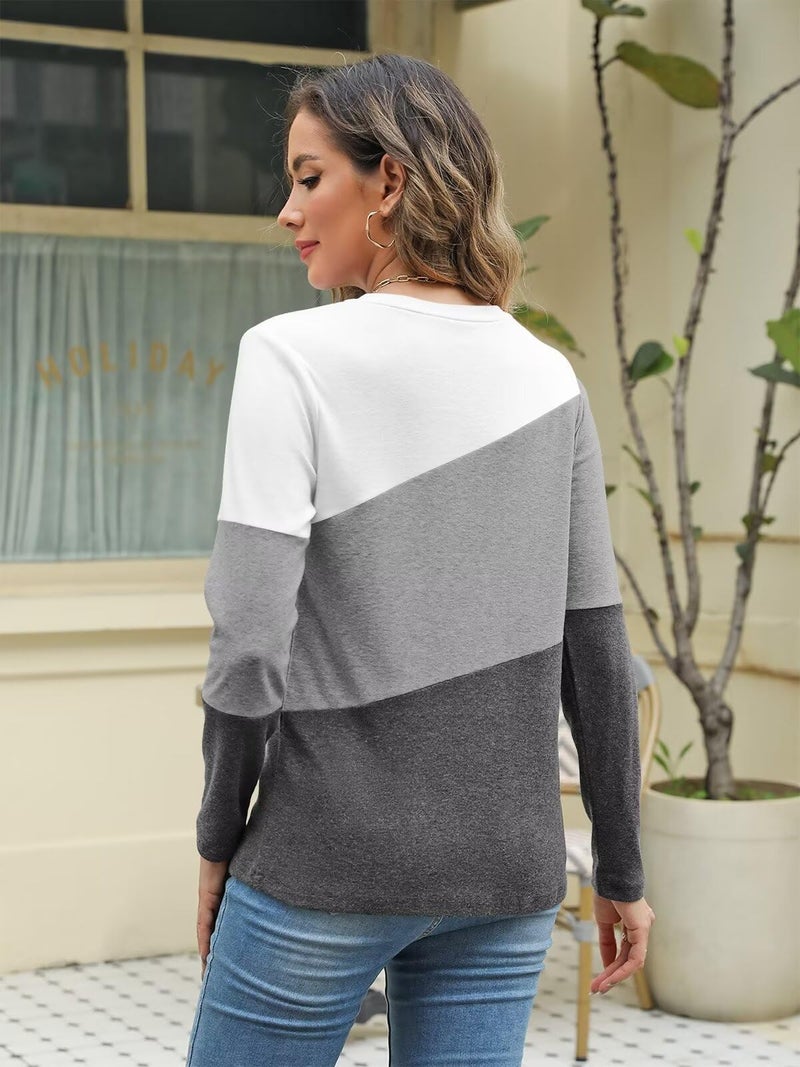 Minetom Women's Color Block Tops Casual Long Sleeve Tunic Round Neck Pullover Shirts - Image 4