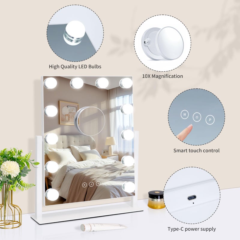 Kotdning Vanity Mirror with Lights,Lighted Vanity Mirror with 12 Dimmable Bulbs for Dressing Room & Bedroom,3 Color Lighting,Modes Detachable 10x Magnification 360Â°Ratation (White) 14.6" L x 17" W - Image 4